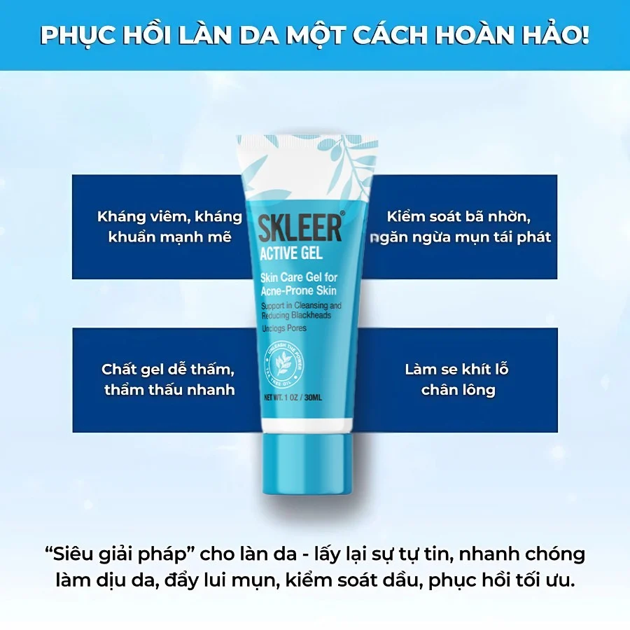 Gel giảm mụn mờ thâm tái tạo da Skleer Active Gel 30ml - hình ảnh 3 tại Nhà thuốc O2 SKIN