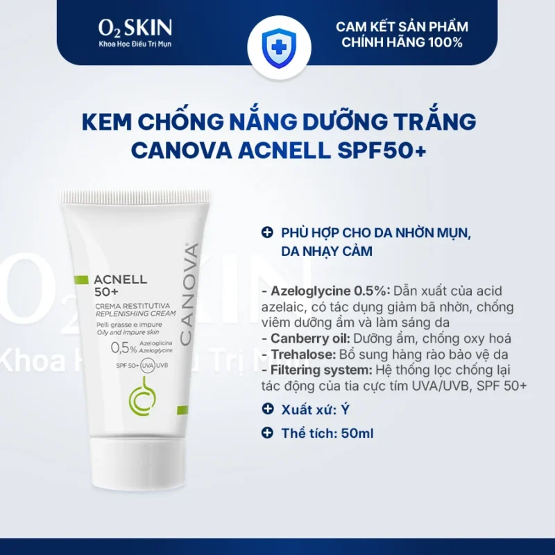 Kem chống nắng dưỡng trắng da mặt Canova ACNELL SPF50+ 50ml