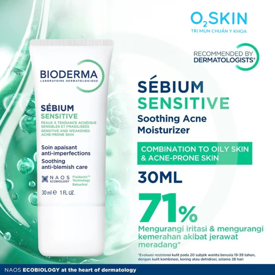 Kem dưỡng ẩm cho da nhờn mụn, nhạy cảm Bioderma Sébium Sensitive 30ml (màu xanh) - hình ảnh 3 tại Nhà thuốc O2 SKIN