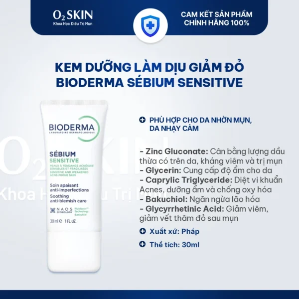 Kem dưỡng ẩm cho da nhờn mụn, nhạy cảm Bioderma Sébium Sensitive 30ml (màu xanh) tại Nhà thuốc O2 SKIN