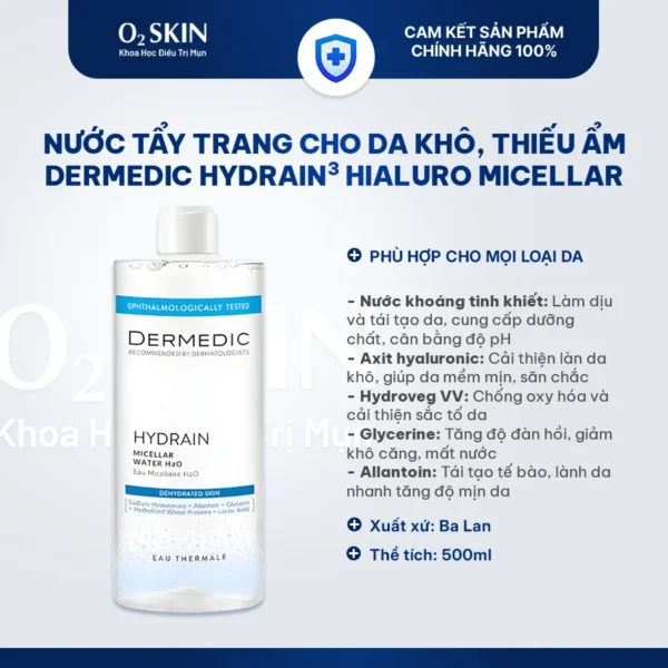 Nước tẩy trang DERMEDIC HYDRAIN3 HIALURO Micellar Water 500ml tại Nhà thuốc O2 SKIN