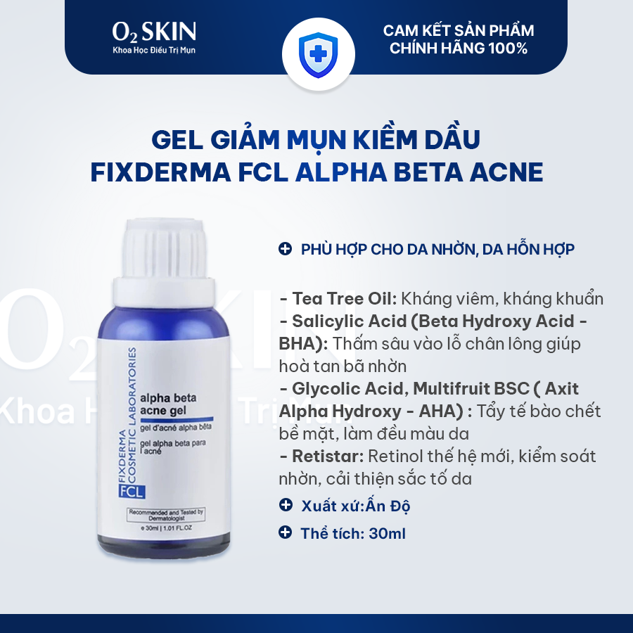Gel giảm mụn kiềm dầu Fixderma FCL Alpha Beta Acne 30ml