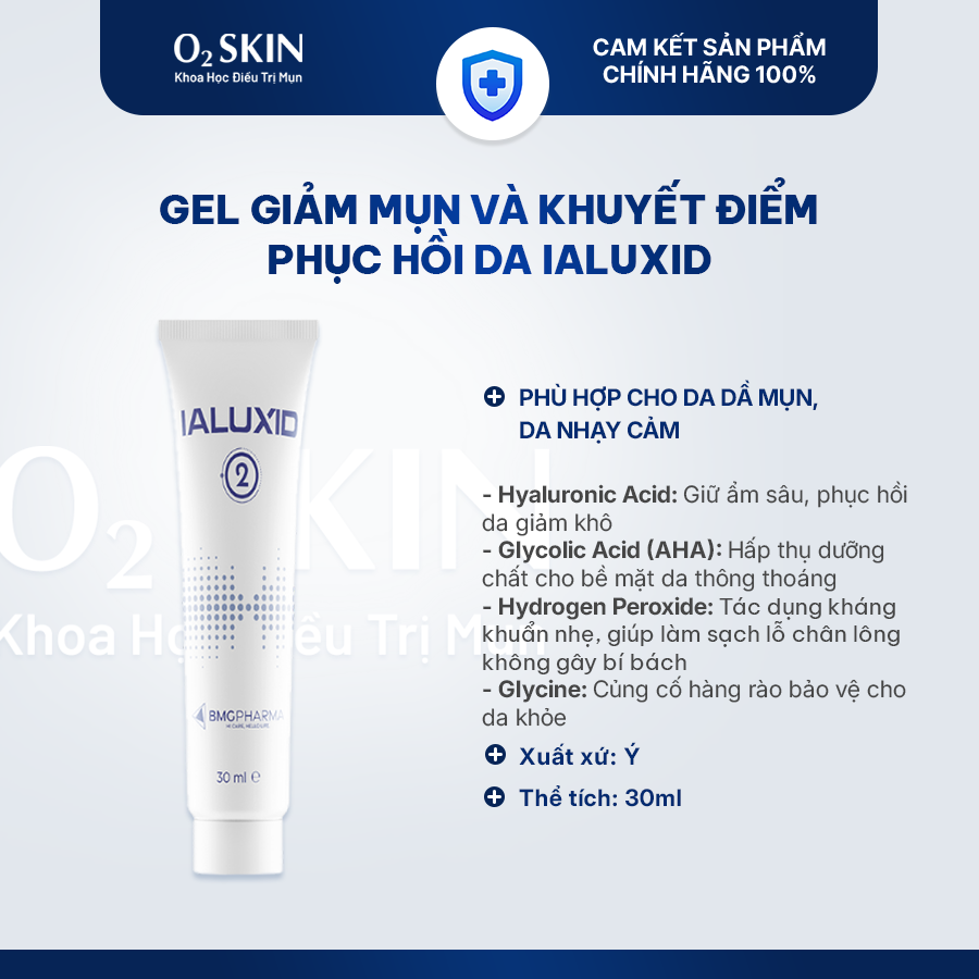 Gel hỗ trợ giảm mụn, làm dịu và làm đều màu da Ialuxid Gel 30ml tại O2 SKIN