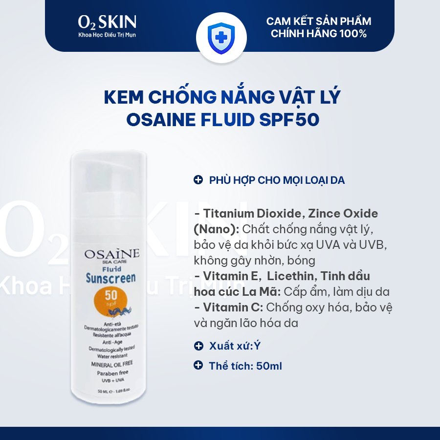 Kem chống nắng vật lý cho da nhạy cảm Osaine Fluid SPF50 50ml