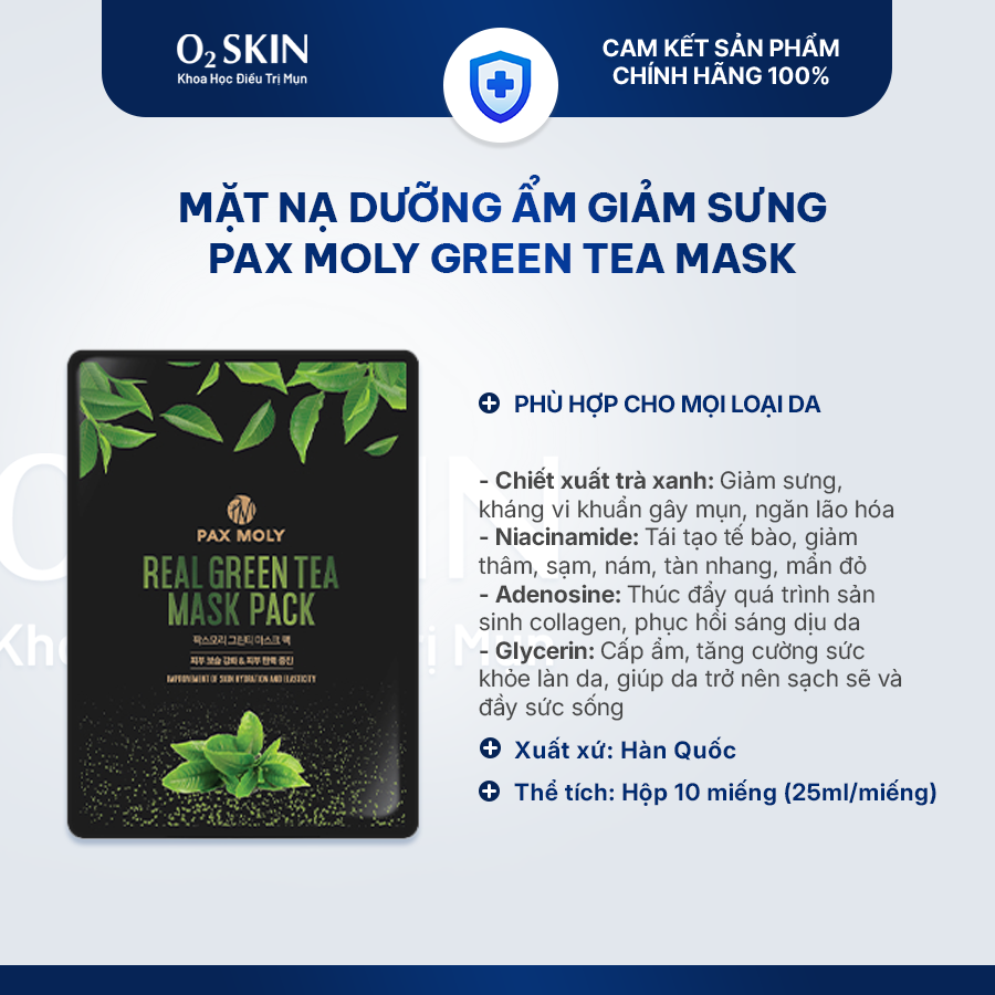 Mặt nạ dưỡng ẩm, dịu da và giảm sưng viêm PAXMOLY Green Tea Mask tại O2 SKIN