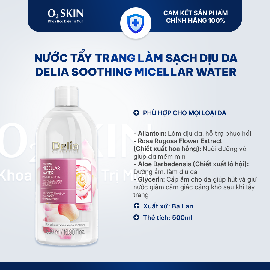 Nước tẩy trang làm sạch dịu da Delia Soothing Micellar Water 500ml