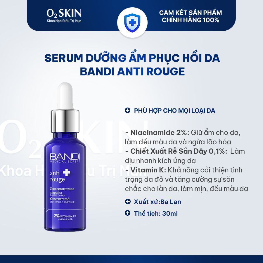 Serum Dưỡng Phục Hồi Da Bandi Niacinamide Vitamin K Anti Rouge 30ml tại O2 SKIN