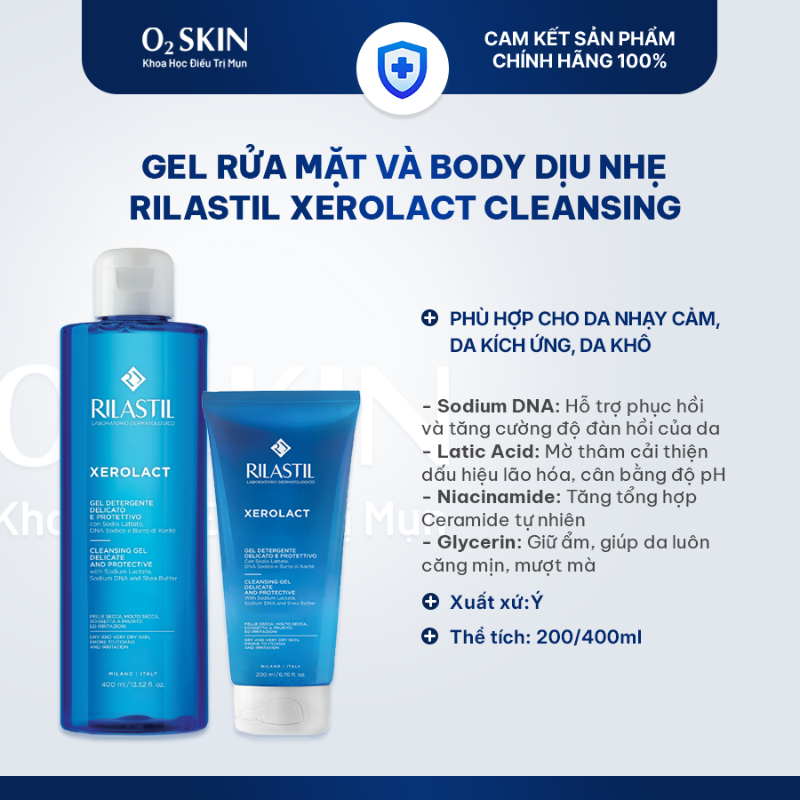 Gel rửa mặt và tắm toàn thân cho da nhạy cảm Rilastil Xerolact Cleansing