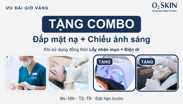 O2 SKIN tặng đắp mặt nạ và chiếu ánh sáng khi lấy nhân mụn kết hợp điện di