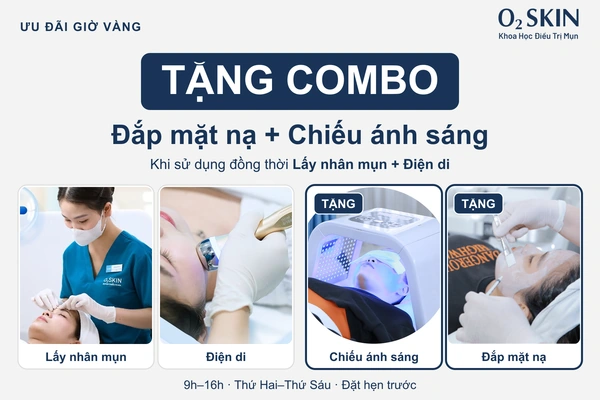 O2 SKIN tặng đắp mặt nạ và chiếu ánh sáng khi sử dụng đồng thời lấy nhân mụn và điện di